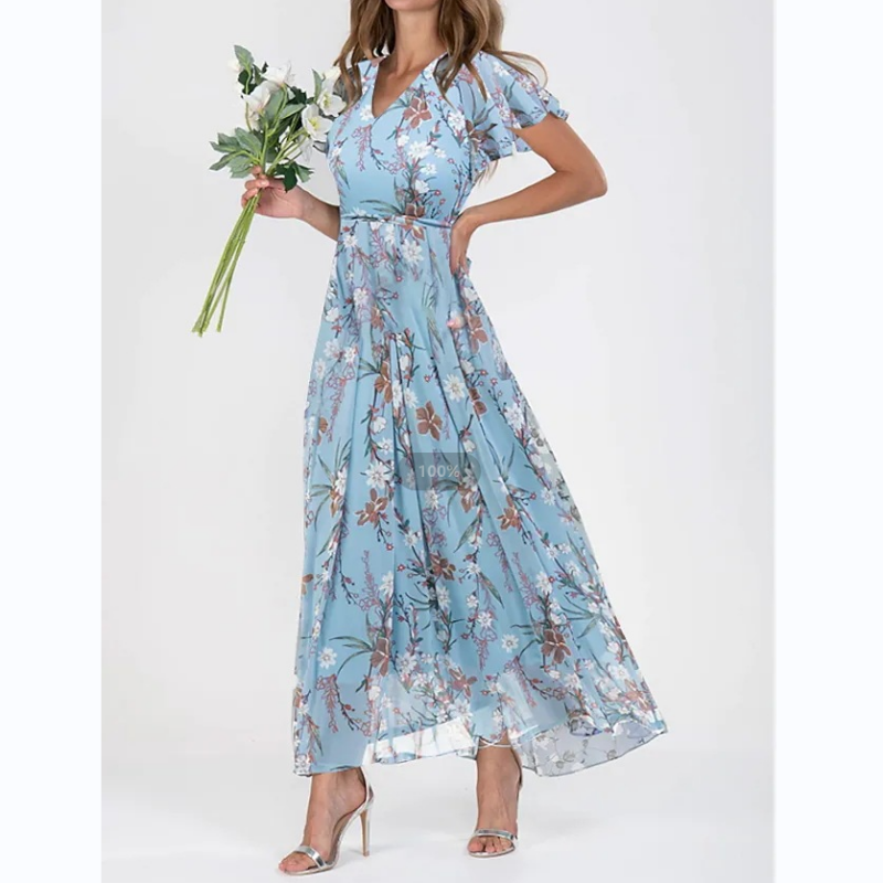 Elaria - Lange jurk met korte mouwen en bloemenprint--🔥Bespaar 50% korting