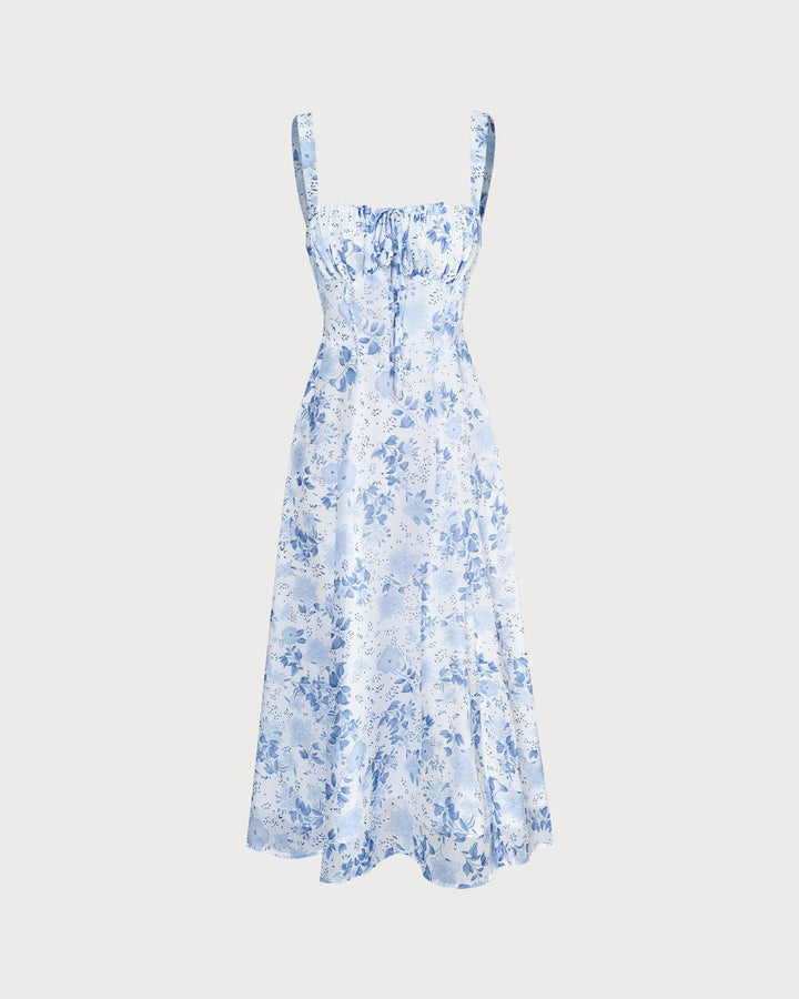 Vada - Blauwe Vierkante Hals Gebloemd Midi Dress