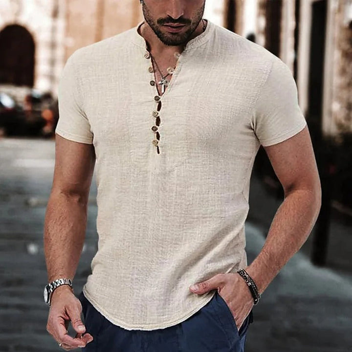 Mode Brunello | T-shirt élégant à col en V avec boutons pour hommes en aspect lin 