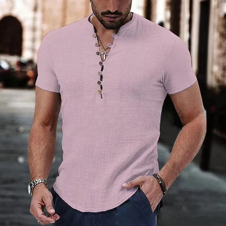 Mode Brunello | T-shirt élégant à col en V avec boutons pour hommes en aspect lin 