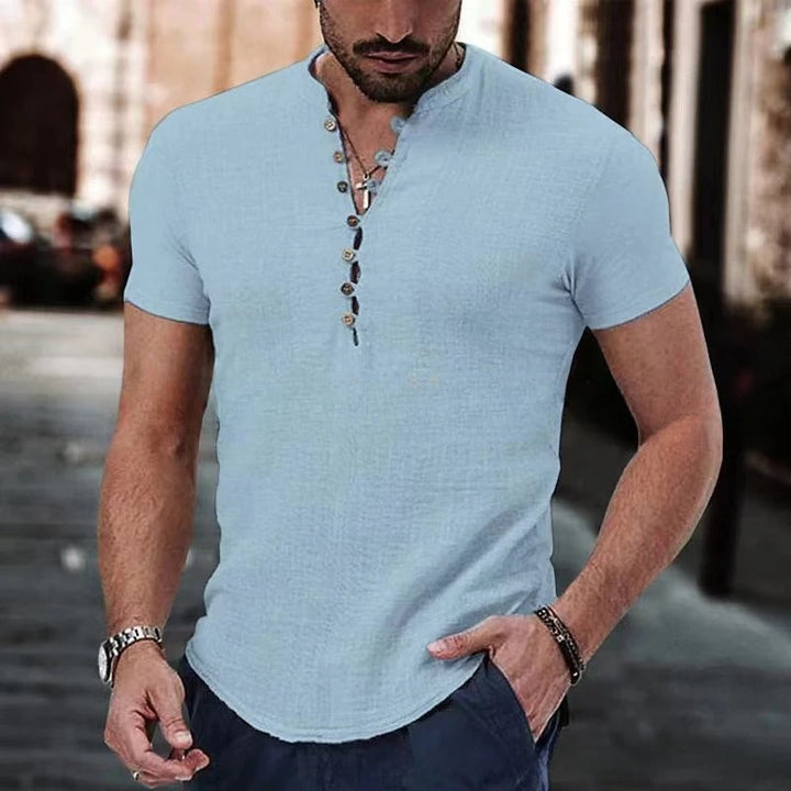 Mode Brunello | T-shirt élégant à col en V avec boutons pour hommes en aspect lin 